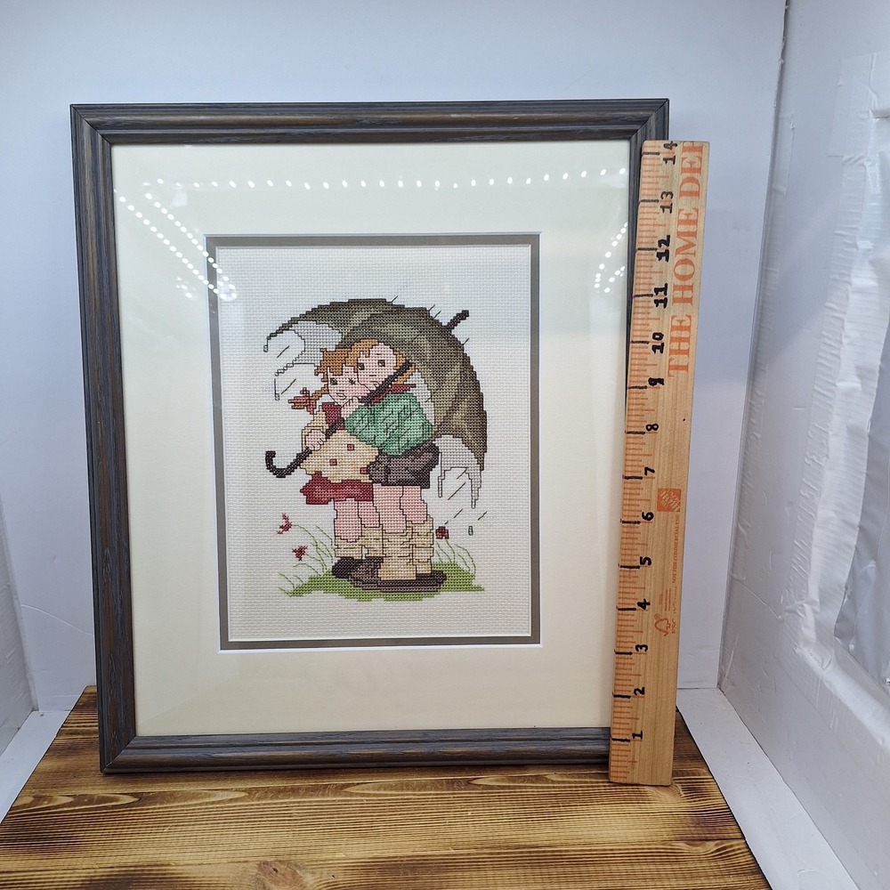 Vtg Finished Needlepoint GIRL BOY UMBRELLA Folk Art Sampler Embroidery Framed - Picture 7 of 9